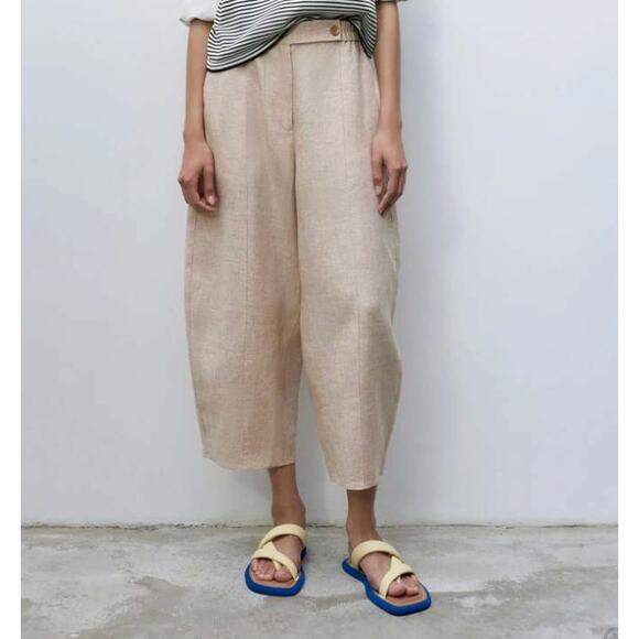 CORDERA Melange Linen Curved Pants Tan Trousers One Size NEW - Picture 1 of 11